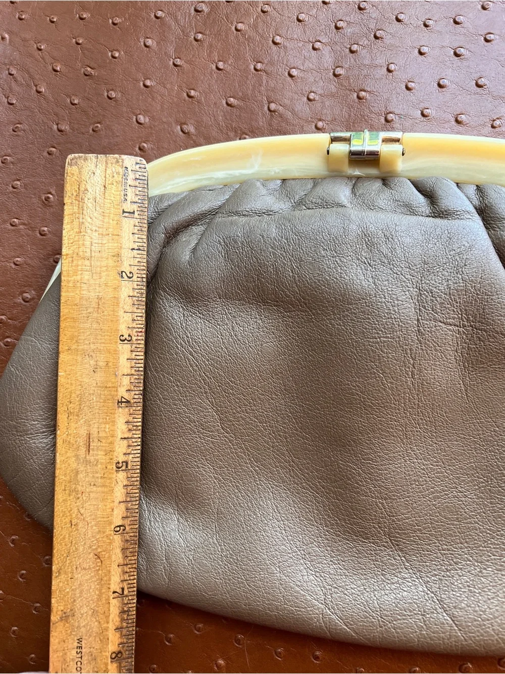 MCM Ruth Saltz Ivory Lucite Handle And Taupe  Leather Clutch Purse Hand Bag